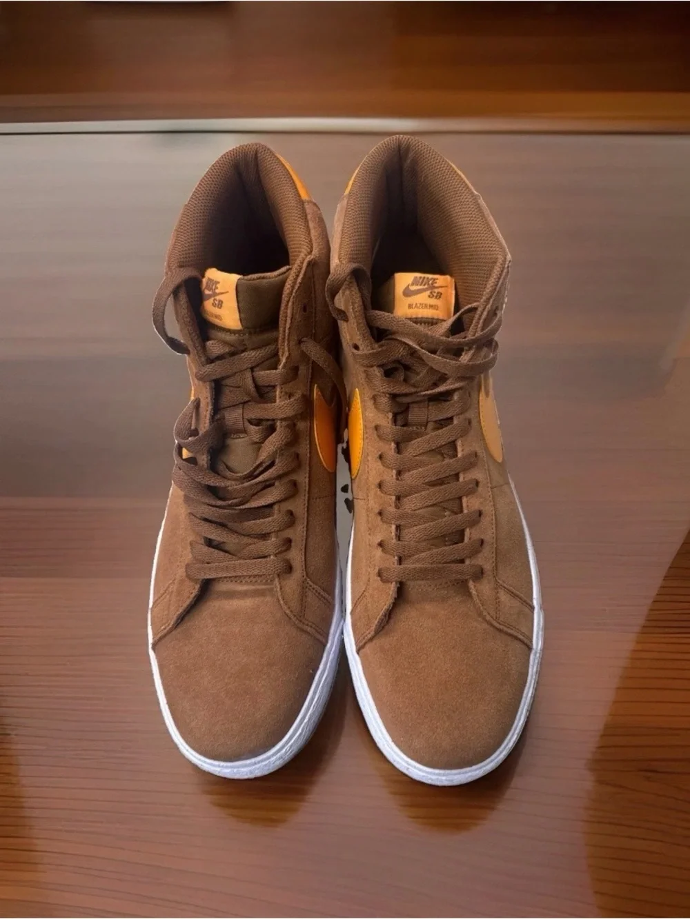 Nike Men’s Brown Suede High-Top Sneakers with Yellow-Orange Swoosh